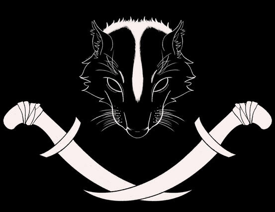 A pirate flag of a skunks head and two crossed sabers in black & white for a client