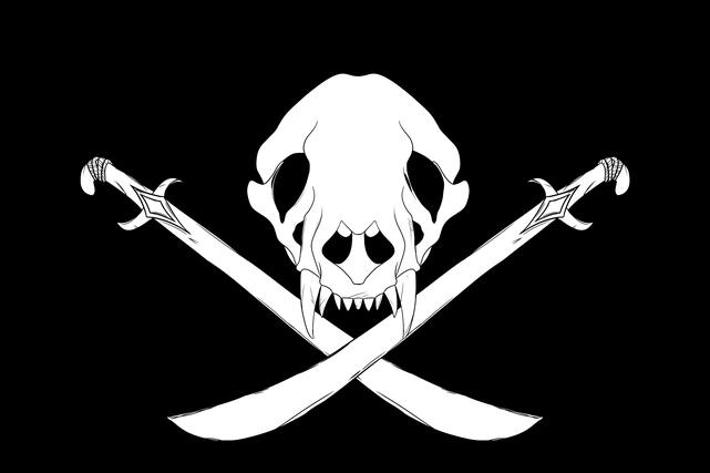 A pirate flag of a badger skull and two crossed cutlasses in black & white for a client